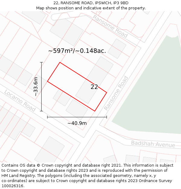 22, RANSOME ROAD, IPSWICH, IP3 9BD: Plot and title map