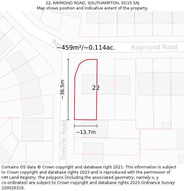 22, RAYMOND ROAD, SOUTHAMPTON, SO15 5AJ: Plot and title map