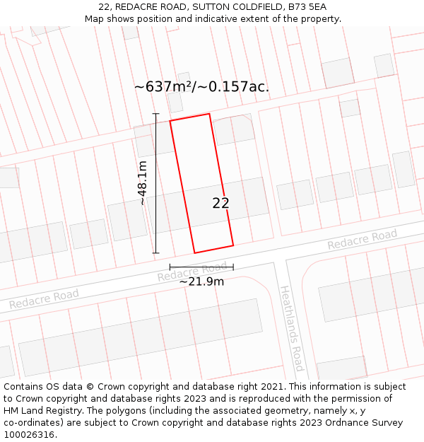 22, REDACRE ROAD, SUTTON COLDFIELD, B73 5EA: Plot and title map