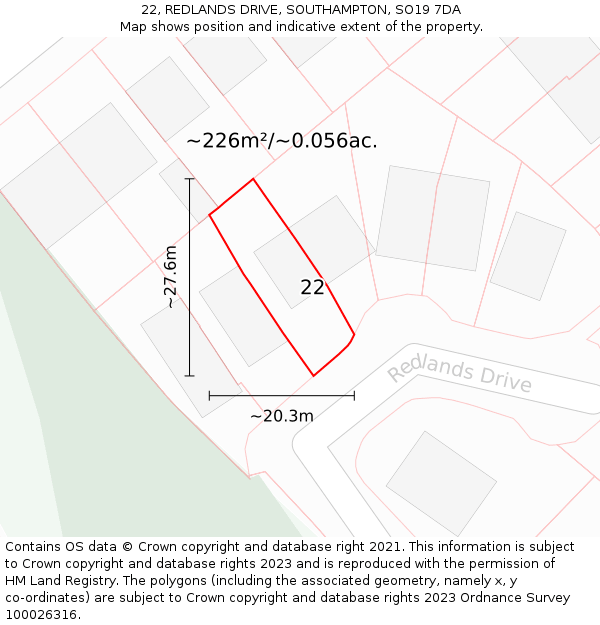 22, REDLANDS DRIVE, SOUTHAMPTON, SO19 7DA: Plot and title map