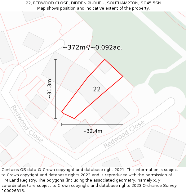 22, REDWOOD CLOSE, DIBDEN PURLIEU, SOUTHAMPTON, SO45 5SN: Plot and title map