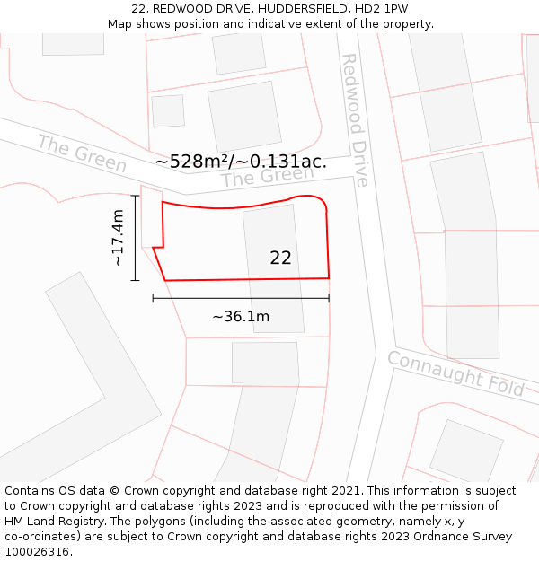 22, REDWOOD DRIVE, HUDDERSFIELD, HD2 1PW: Plot and title map