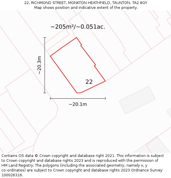 22, RICHMOND STREET, MONKTON HEATHFIELD, TAUNTON, TA2 8GY: Plot and title map