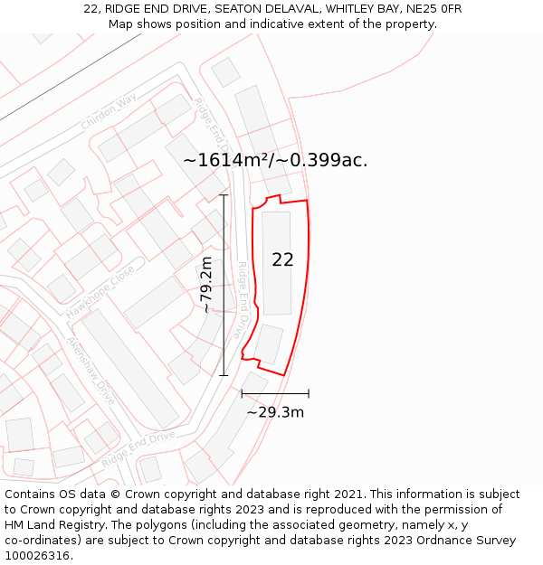 22, RIDGE END DRIVE, SEATON DELAVAL, WHITLEY BAY, NE25 0FR: Plot and title map