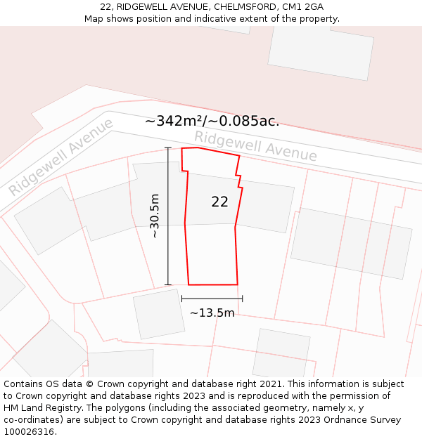 22, RIDGEWELL AVENUE, CHELMSFORD, CM1 2GA: Plot and title map