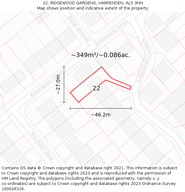 22, RIDGEWOOD GARDENS, HARPENDEN, AL5 3NN: Plot and title map