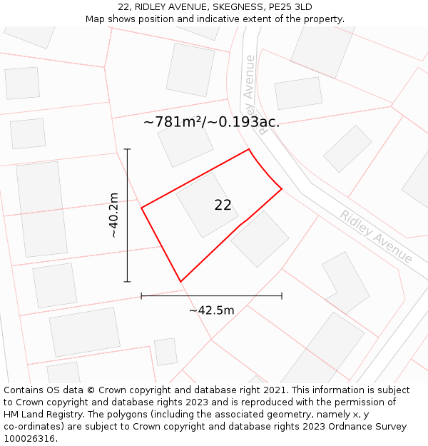 22, RIDLEY AVENUE, SKEGNESS, PE25 3LD: Plot and title map