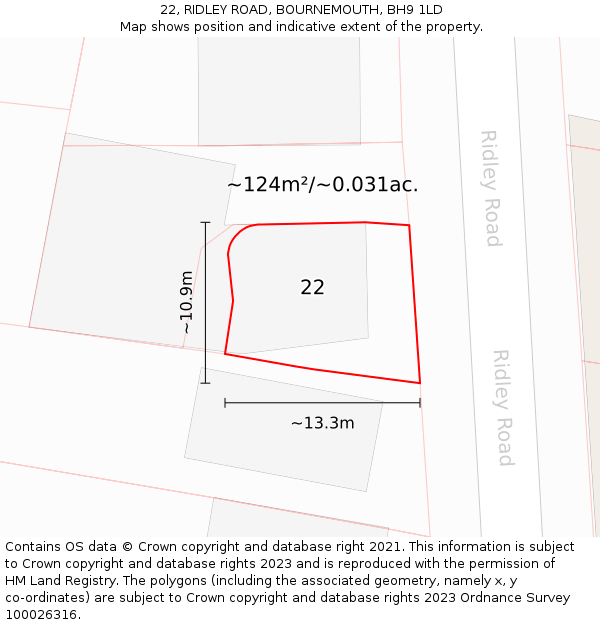 22, RIDLEY ROAD, BOURNEMOUTH, BH9 1LD: Plot and title map