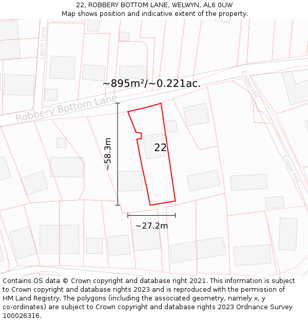 22, ROBBERY BOTTOM LANE, WELWYN, AL6 0UW: Plot and title map