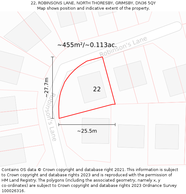 22, ROBINSONS LANE, NORTH THORESBY, GRIMSBY, DN36 5QY: Plot and title map