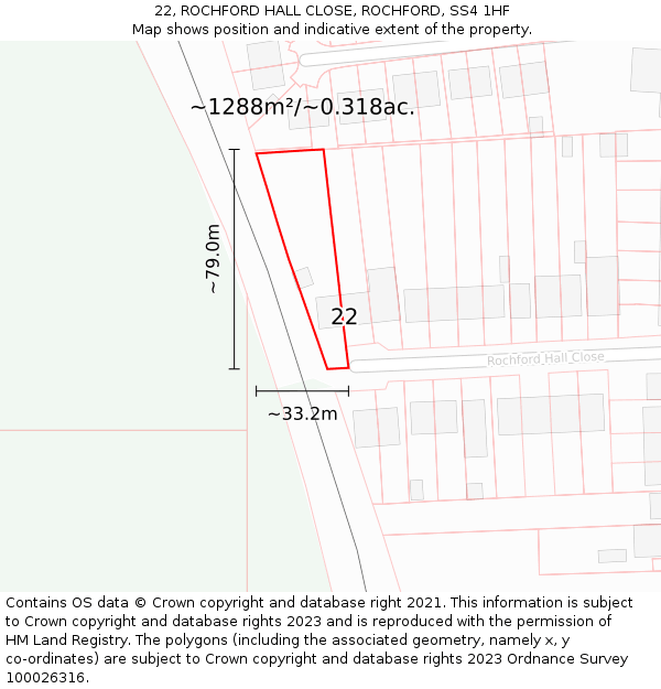 22, ROCHFORD HALL CLOSE, ROCHFORD, SS4 1HF: Plot and title map