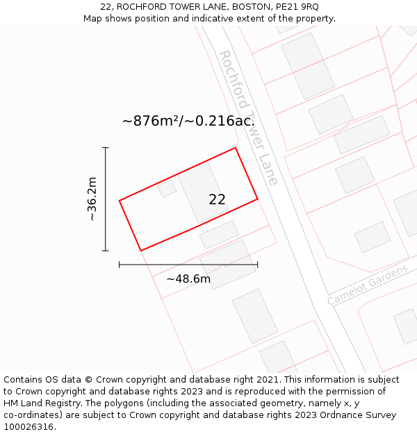 22, ROCHFORD TOWER LANE, BOSTON, PE21 9RQ: Plot and title map