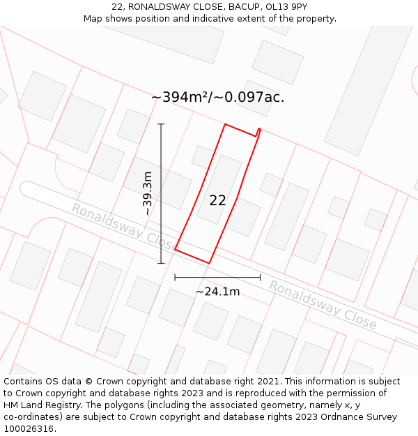22, RONALDSWAY CLOSE, BACUP, OL13 9PY: Plot and title map