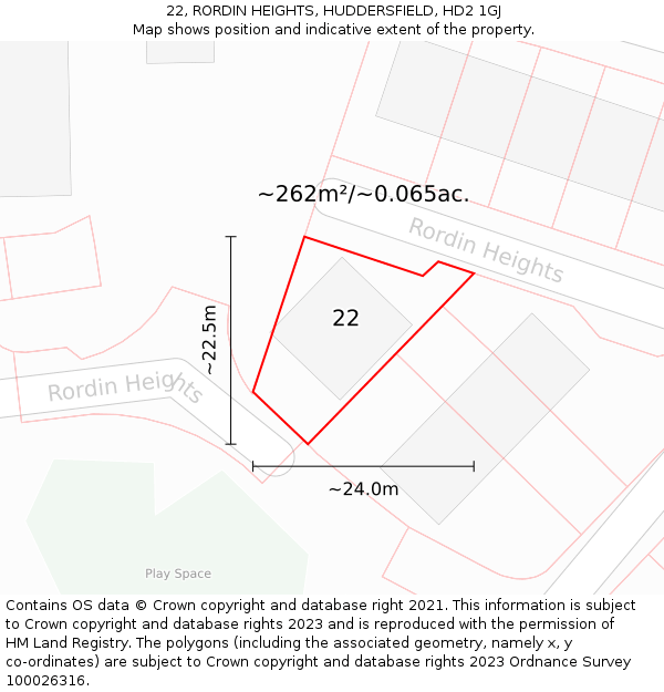 22, RORDIN HEIGHTS, HUDDERSFIELD, HD2 1GJ: Plot and title map