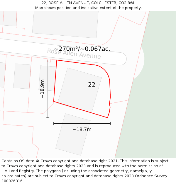 22, ROSE ALLEN AVENUE, COLCHESTER, CO2 8WL: Plot and title map