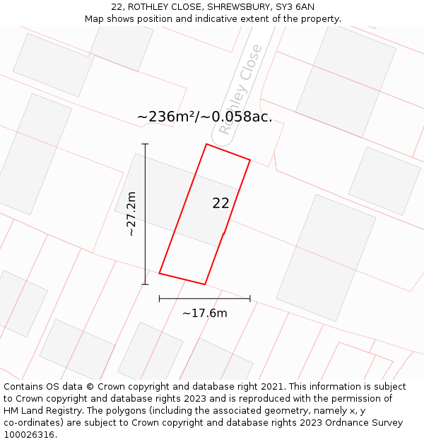 22, ROTHLEY CLOSE, SHREWSBURY, SY3 6AN: Plot and title map