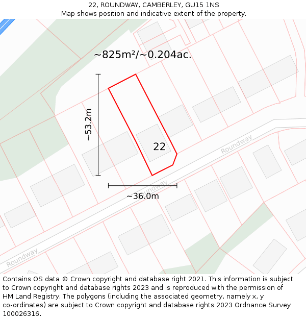 22, ROUNDWAY, CAMBERLEY, GU15 1NS: Plot and title map