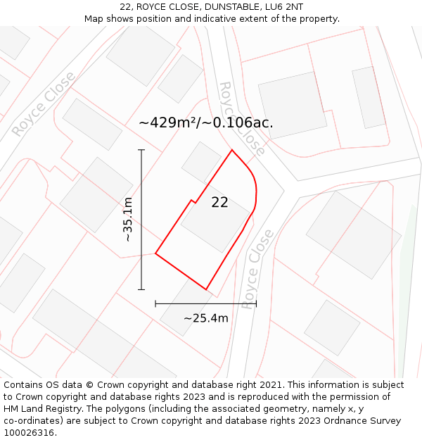 22, ROYCE CLOSE, DUNSTABLE, LU6 2NT: Plot and title map