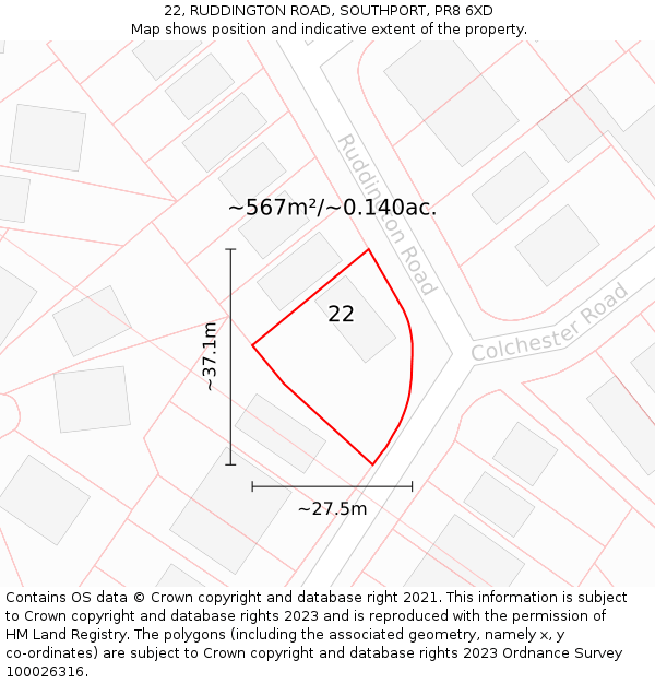 22, RUDDINGTON ROAD, SOUTHPORT, PR8 6XD: Plot and title map