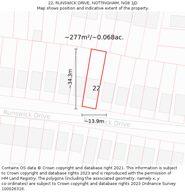 22, RUNSWICK DRIVE, NOTTINGHAM, NG8 1JD: Plot and title map