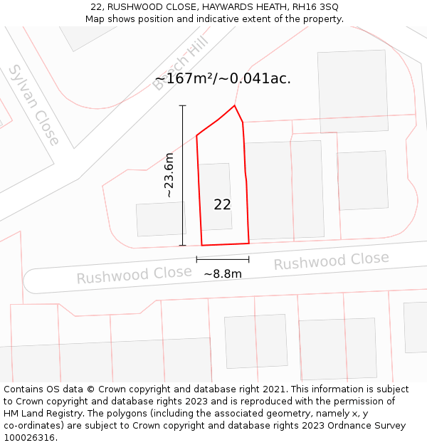 22, RUSHWOOD CLOSE, HAYWARDS HEATH, RH16 3SQ: Plot and title map