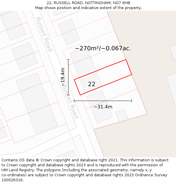 22, RUSSELL ROAD, NOTTINGHAM, NG7 6HB: Plot and title map