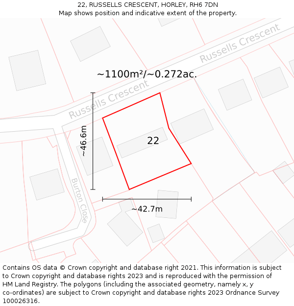 22, RUSSELLS CRESCENT, HORLEY, RH6 7DN: Plot and title map