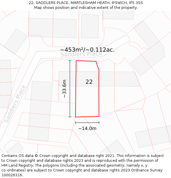 22, SADDLERS PLACE, MARTLESHAM HEATH, IPSWICH, IP5 3SS: Plot and title map