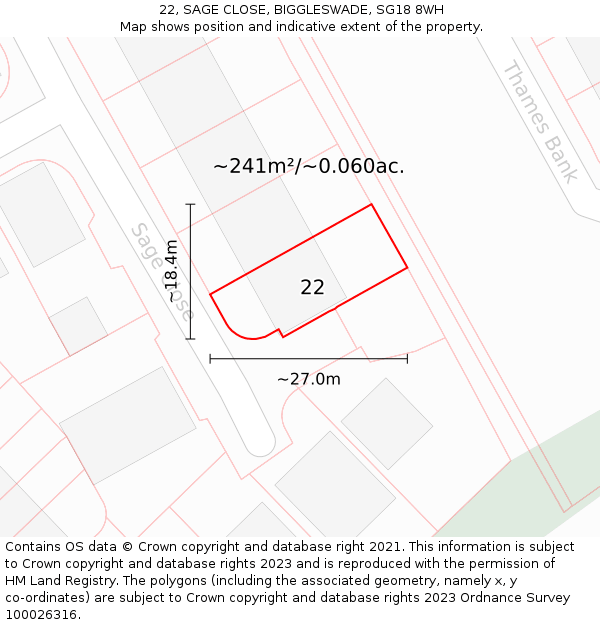 22, SAGE CLOSE, BIGGLESWADE, SG18 8WH: Plot and title map