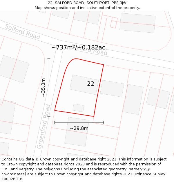 22, SALFORD ROAD, SOUTHPORT, PR8 3JW: Plot and title map