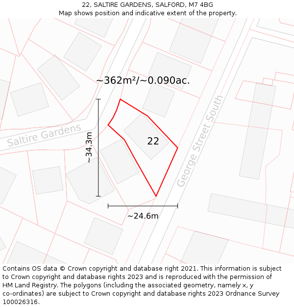 22, SALTIRE GARDENS, SALFORD, M7 4BG: Plot and title map