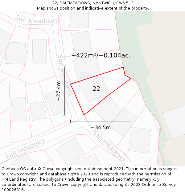 22, SALTMEADOWS, NANTWICH, CW5 5HF: Plot and title map