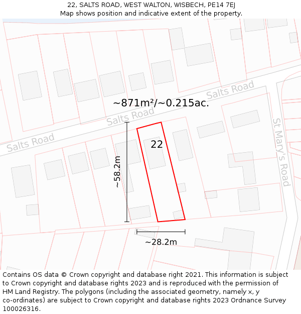 22, SALTS ROAD, WEST WALTON, WISBECH, PE14 7EJ: Plot and title map