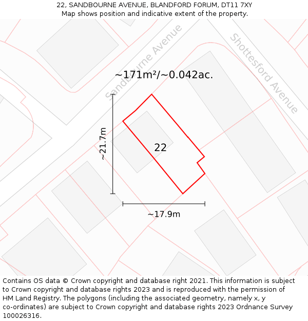 22, SANDBOURNE AVENUE, BLANDFORD FORUM, DT11 7XY: Plot and title map