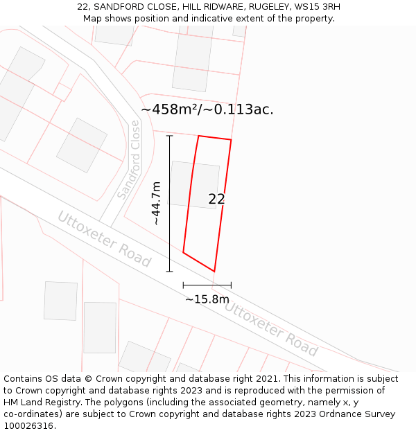 22, SANDFORD CLOSE, HILL RIDWARE, RUGELEY, WS15 3RH: Plot and title map