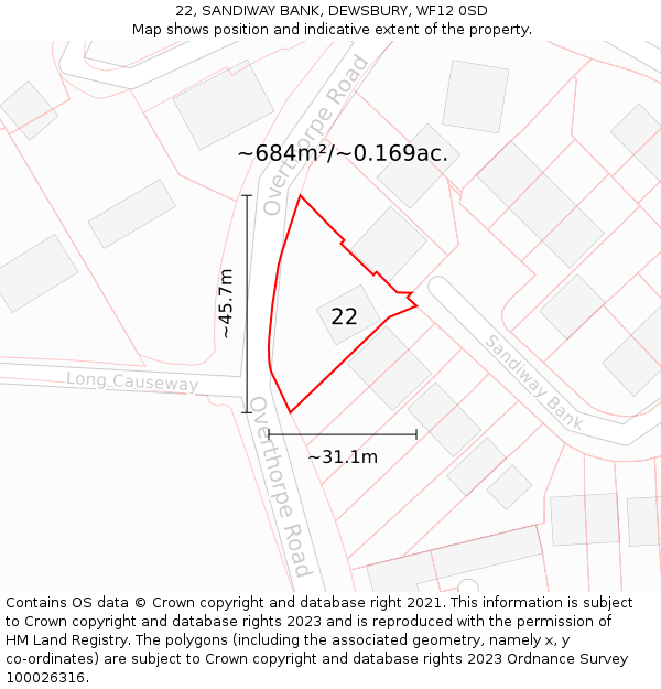 22, SANDIWAY BANK, DEWSBURY, WF12 0SD: Plot and title map