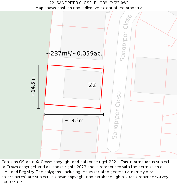 22, SANDPIPER CLOSE, RUGBY, CV23 0WP: Plot and title map