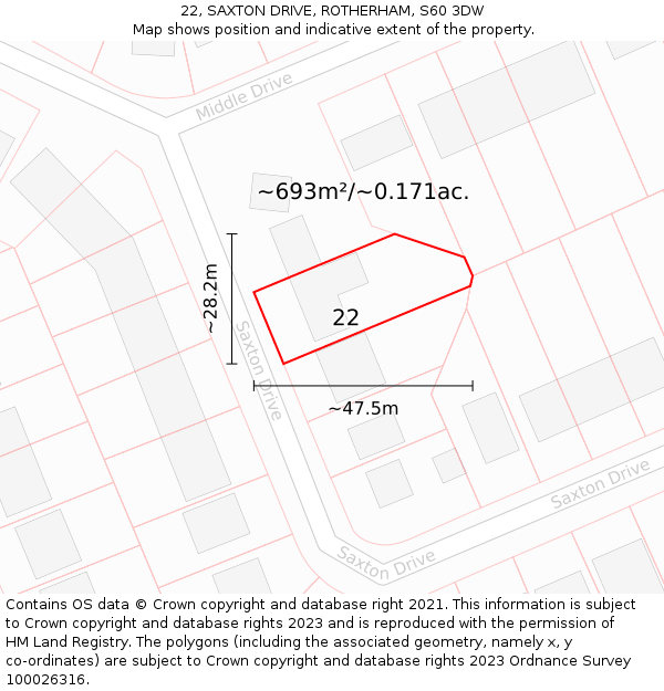 22, SAXTON DRIVE, ROTHERHAM, S60 3DW: Plot and title map