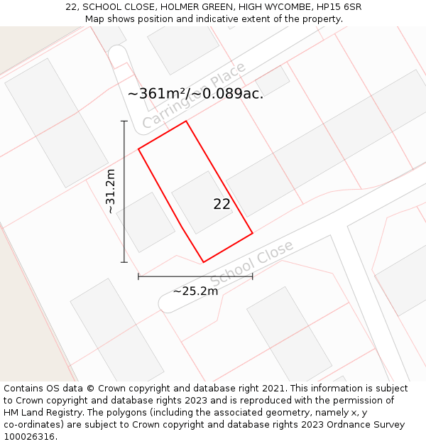 22, SCHOOL CLOSE, HOLMER GREEN, HIGH WYCOMBE, HP15 6SR: Plot and title map