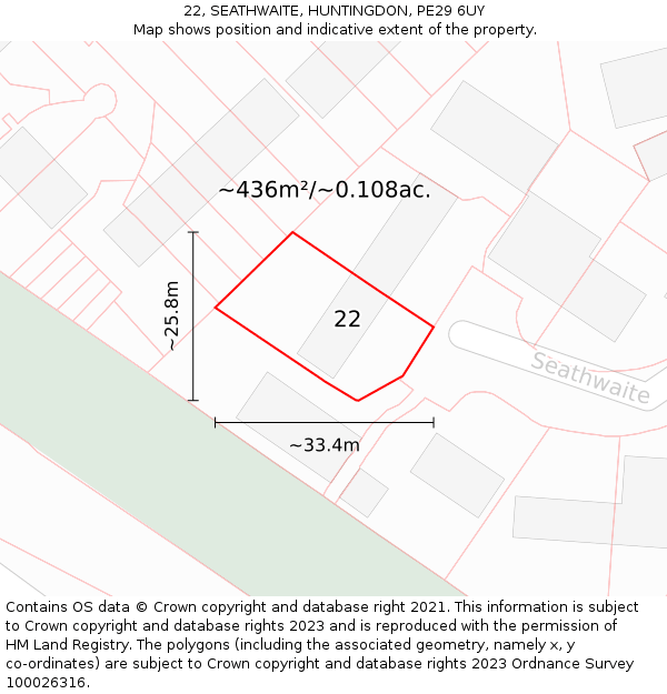 22, SEATHWAITE, HUNTINGDON, PE29 6UY: Plot and title map