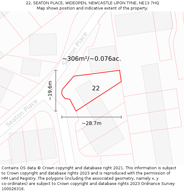 22, SEATON PLACE, WIDEOPEN, NEWCASTLE UPON TYNE, NE13 7HQ: Plot and title map