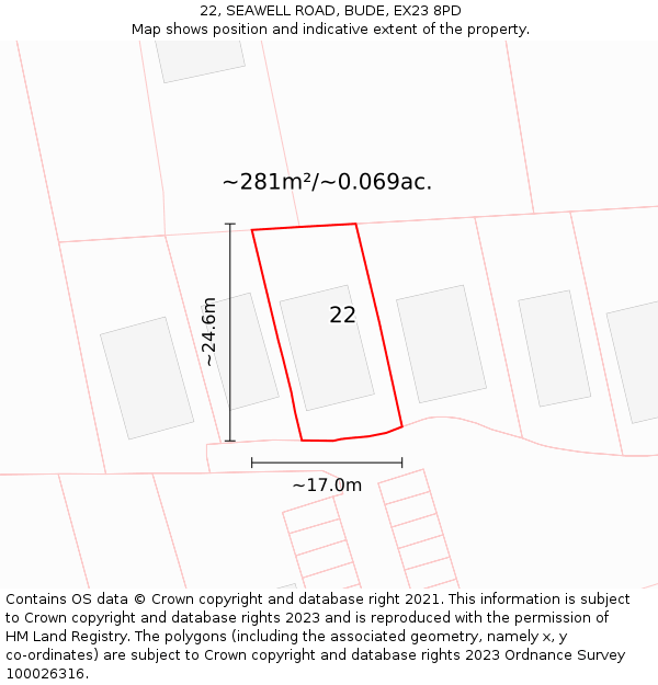 22, SEAWELL ROAD, BUDE, EX23 8PD: Plot and title map