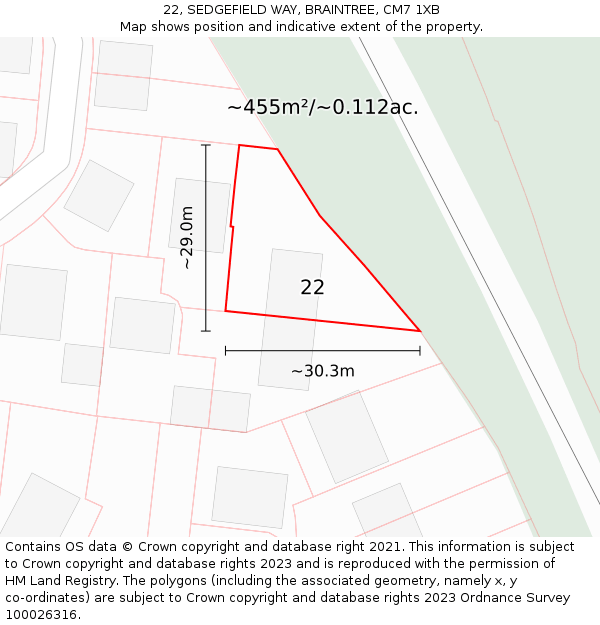 22, SEDGEFIELD WAY, BRAINTREE, CM7 1XB: Plot and title map