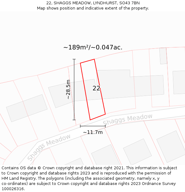 22, SHAGGS MEADOW, LYNDHURST, SO43 7BN: Plot and title map