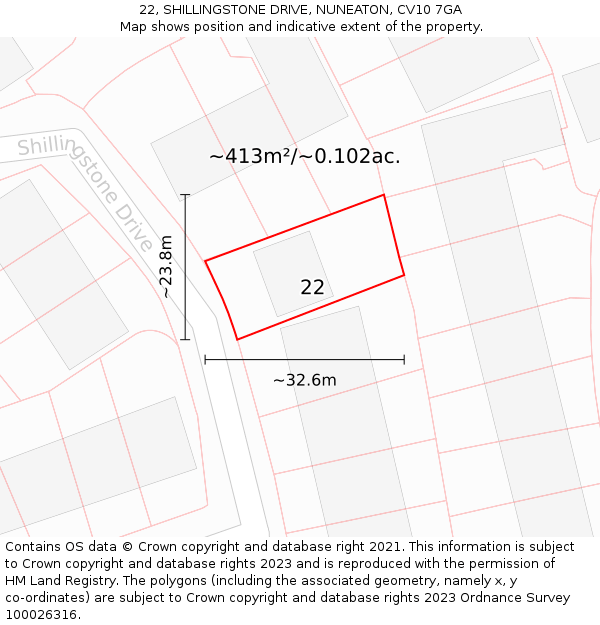 22, SHILLINGSTONE DRIVE, NUNEATON, CV10 7GA: Plot and title map