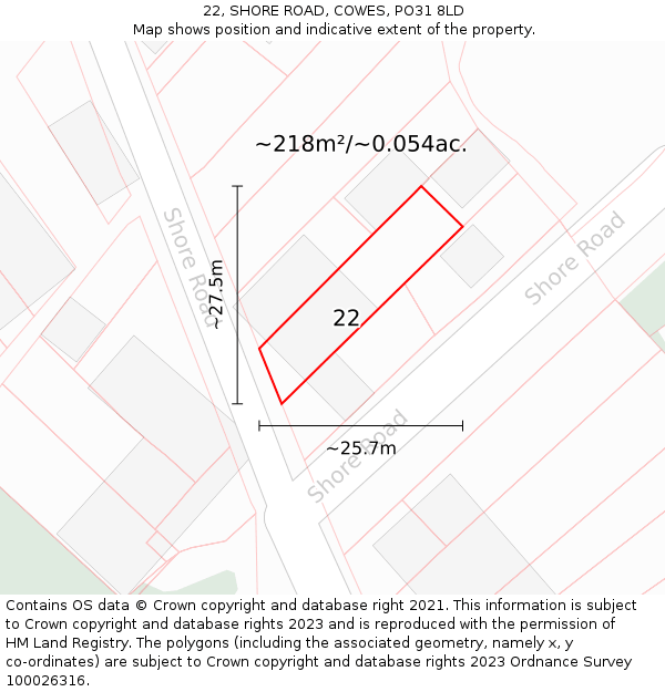 22, SHORE ROAD, COWES, PO31 8LD: Plot and title map