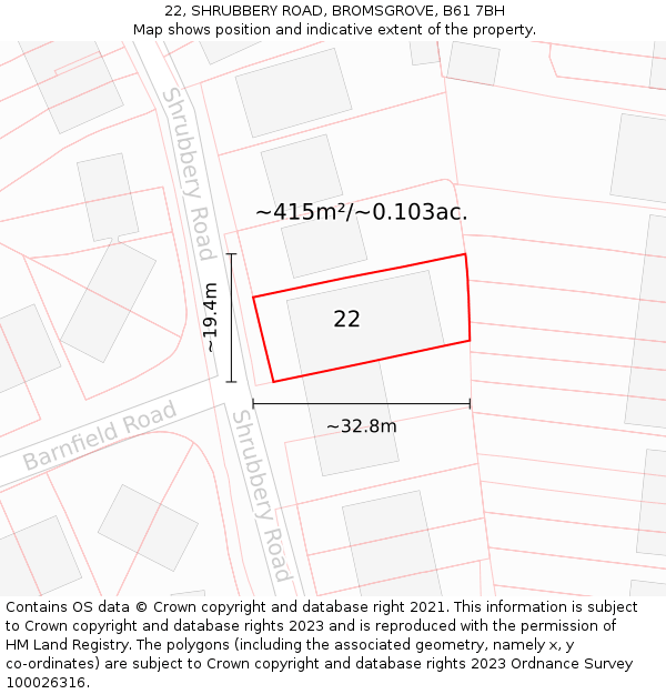 22, SHRUBBERY ROAD, BROMSGROVE, B61 7BH: Plot and title map