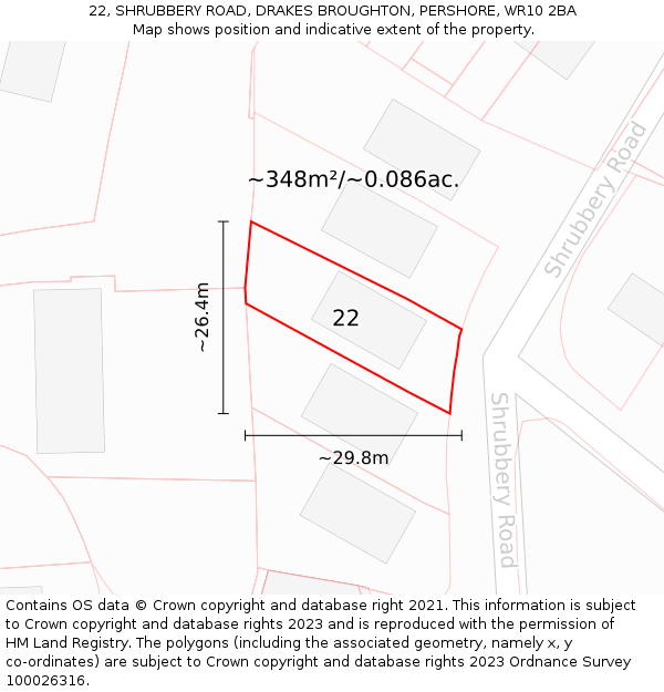 22, SHRUBBERY ROAD, DRAKES BROUGHTON, PERSHORE, WR10 2BA: Plot and title map