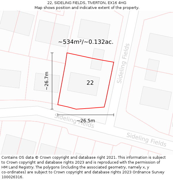 22, SIDELING FIELDS, TIVERTON, EX16 4HG: Plot and title map