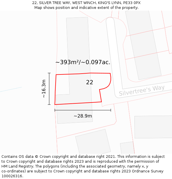 22, SILVER TREE WAY, WEST WINCH, KING'S LYNN, PE33 0PX: Plot and title map